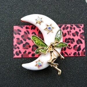 BETSEY Johnson Women's White Enamel Crystal Moon And Fairy Charm Brooch Pin